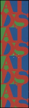 The word "AIDS" repeated many times in the style of the painting "Love" by Robert Indiana. Colour lithograph by General Idea, ca. 1987.