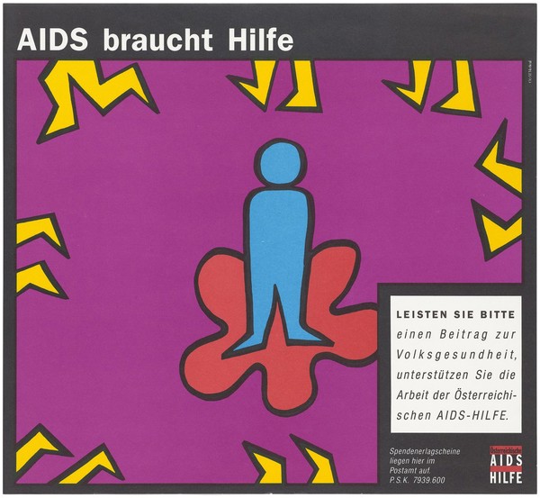 An isolated blue figure surrounded by pairs of yellow feet scuttling away; representing ostracism of AIDS patients. Colour lithograph, 199-.