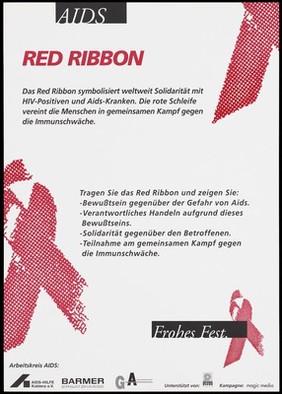 Three red ribbons with black and red lettering. Colour lithograph, 199-.