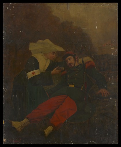 A Sister of Charity caring for a wounded soldier. Oil painting by A. Beloys, 187-.