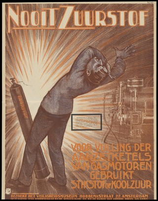 Explosion of an industrial oxygen container in a factory, causing death: before filling the reservoir of a gas motor, either nitrogen or carbon monoxide should have been used first. Colour lithograph, 192-.