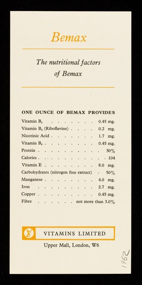Bemax : stabilized wheat germ : the richest-known natural vitamin-protein-mineral supplement / Vitamins Limited.