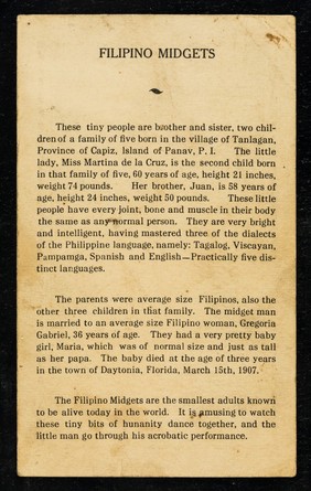 World's smallest people : Filipino midgets : Juan de la Cruz, Miss Martina de la Cruz : brother and sister.