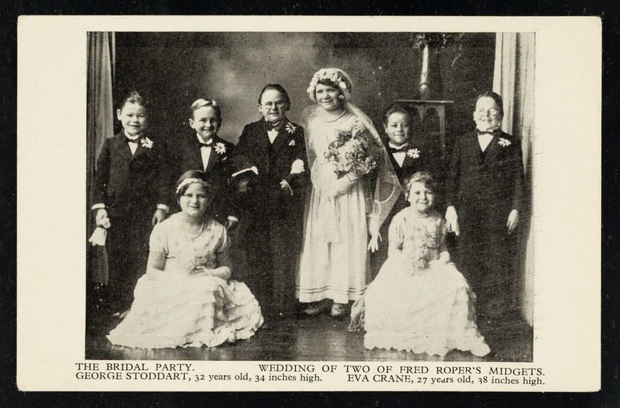 The bridal party : wedding of two of Fred Roper's midgets : George Stoddart, 32 years old, 34 inches high, Eva Crane, 27 years old, 38 inches high.