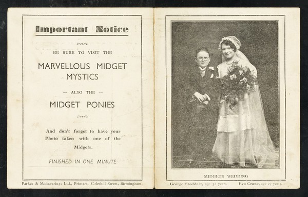 Midgets wedding : George Stoddart, age 32 years, Eva Crane, age 27 years.