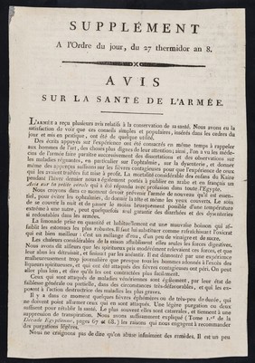 Supplément à l'ordre du jour, du 27 thermidor an 8 : avis sur la santé de l'armée / R. Desgenettes.