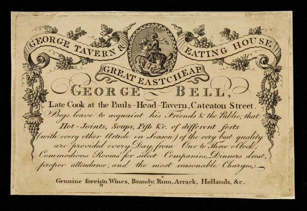 George Tavern & Eating House, Great Eastcheap : the annual dinner of the medical officers of the army, at the Thatched House Tavern, St. James's Street, on Saturday the 12th May 1827 : P. McGregor, esq. serjeant-surgeon to the King, in the chair... / George Bell.