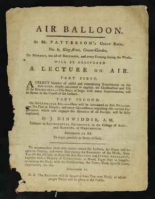 Air balloon : at Mr. Patterson's Great Room, no. 6, King-Street, Covent-Garden on Monday, the 1st of December, and every evening during the week, will be delivered a lecture on air / by J. Dinwiddie.