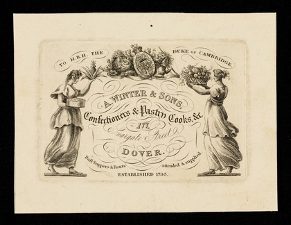 A. Winter & Sons, confectioners & pastry cooks, &c. : 177 Snargate Street, Dover : ball-suppers & routs attended & supplied : established 1795.