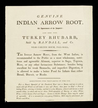 Genuine Indian arrow root : by appointment of the importer : also some fine turkey rhubarb / sold by Randall and Co.