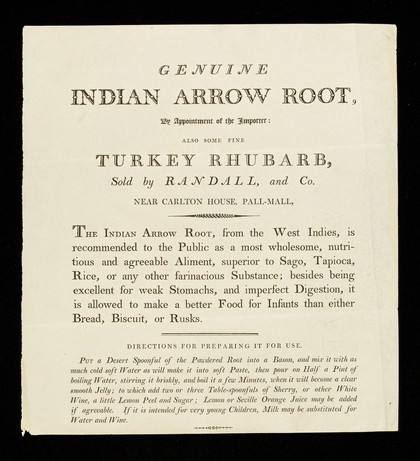 Genuine Indian arrow root : by appointment of the importer : also some fine turkey rhubarb / sold by Randall and Co.