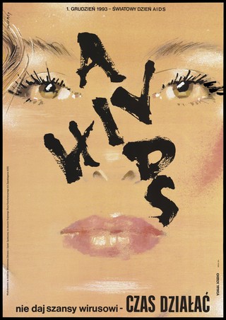 A woman's face disfigured by the crisscrossed letters "AIDS/HIV". Colour lithograph after W. Świerzy, 1993.