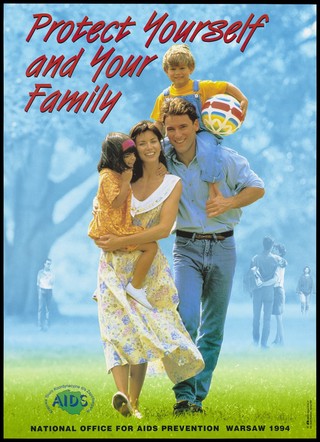 A healthy family free of AIDS. Colour lithograph, 1994.