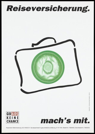A suitcase, X-rayed, showing a large green condom inside; representing protection against AIDS while away from home. Colour lithograph after M. Kolvenbach and G. Meyer, 199-.