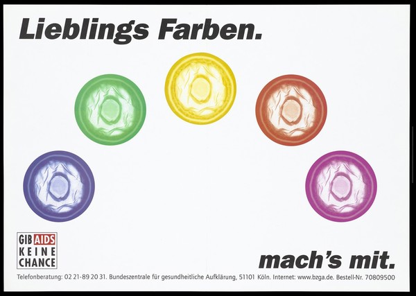 Five condoms of different colours (purple, green, yellow, red, pink) arranged in a rainbow; representing protection against AIDS. Colour lithograph, 199-.
