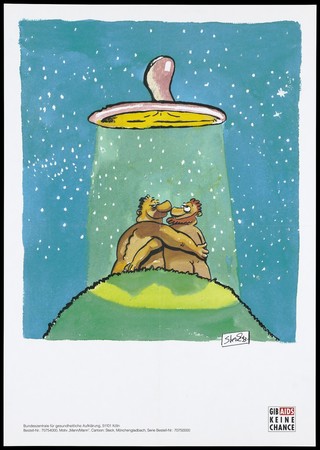 Two naked men making love on a hill on a starry night, bathed in a light coming from UFO floating above them, with a condom instead of UFO; representing protection against AIDS. Colour lithograph after C. Steckelbruck, 1993.
