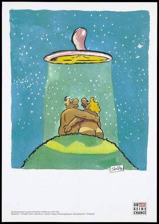 A naked woman and a naked man making love on a hill on a starry night, bathed in a light coming from UFO floating above them, with a condom instead of UFO; representing protection against AIDS. Colour lithograph after C. Steckelbruck, 1993.