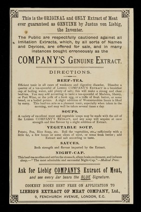 Liebig "Company's" extract of beef : J. Liebig: this signature on each jar [of the] finest meat flavouring stock for soups, sauces and made dishes / Liebig's Extract of Meat Company, Ltd.