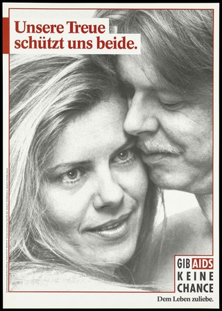 A woman embracing a man: head and shoulders; representing fidelity as a protection against AIDS. Colour lithograph, 199-.