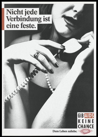 A married woman having an affair, talking on the telephone to her lover; representing the risk of contracting AIDS through infidelity. Colour lithograph, 199-.
