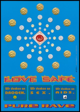 A mandala-like shape with concentric circles of ecstasy pills of various sizes, colours and brands, with a red condom in the centre; representing risk factors for AIDS. Colour lithograph by concept x, 199-.