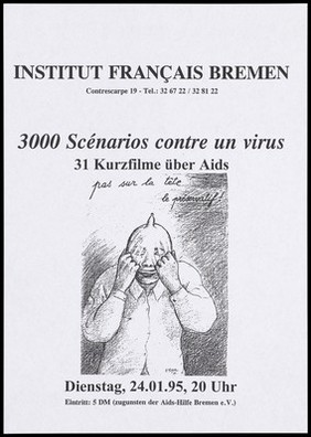 A man pulling a condom over his face; advertising a screening of short films on protection against AIDS. Print, 1995, after drawing by R. Topor, 1993.