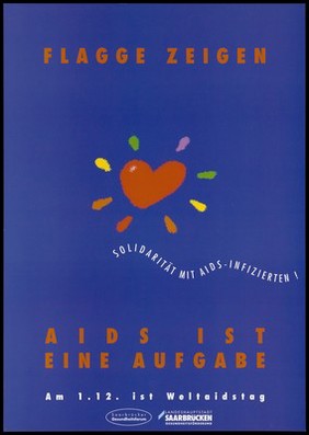A radiant red heart on a blue ground; advertising World Aids Day on 1 December. Colour lithograph, ca. 1995.