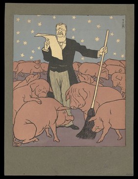 Theodore Roosevelt reads to an audience of pigs their forthcoming fate in filthy Chicago slaughterhouses. Colour line block after T. Heine, 1906.