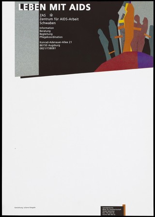 Coloured human silhouettes on a black ground. Colour lithograph after J. Stiegele, ca. 1995.