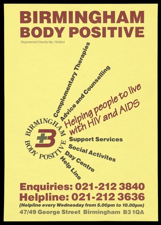 Services of Birmingham Body Positive to people with AIDS. Colour lithograph.