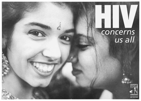 Two Asian girls put their heads together as a reminder that HIV concerns everyone. Lithograph.