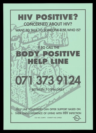 Advertisement for the Body Positive help line for those with HIV, incorporating a telephone in the background. Colour lithograph.