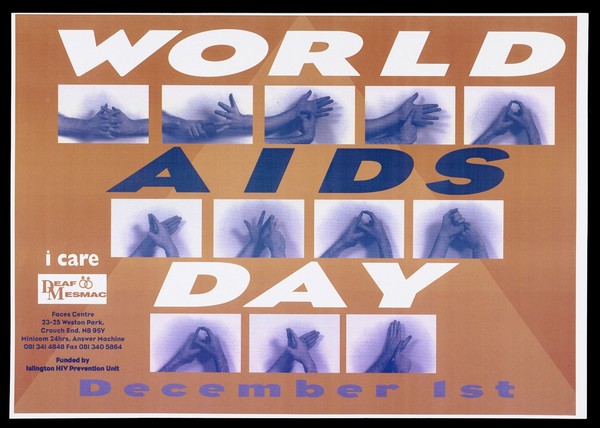 Hands spelling out World Aids Day in sign language. Colour lithograph.