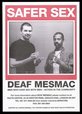 A white man and a black man sign the words Safer Sex in an advert from Deaf Mesmac. Colour lithograph.