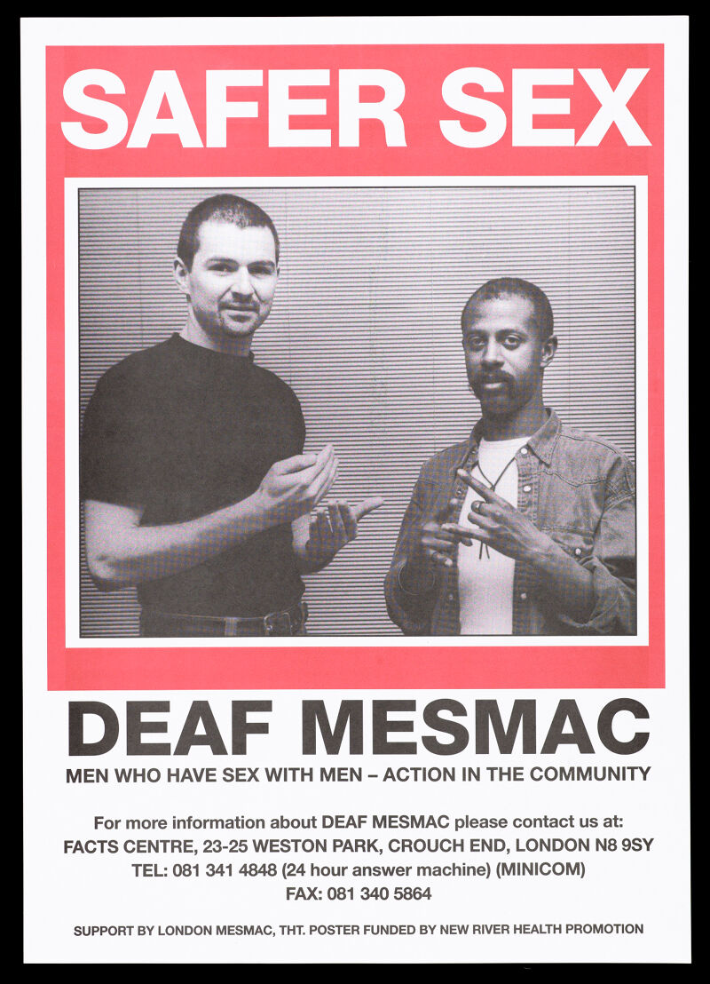 A white man and a black man sign the words Safer Sex in an advert from Deaf  Mesmac. Colour lithograph. | Wellcome Collection