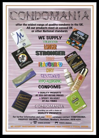 Condoms and other products available from retailers Condomania, incorporating various typefaces to highlight the varieties. Colour lithograph.
