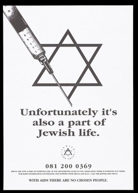 The star of David incorporating a needle; representing AIDS among Jews and the work of the Jewish Aids Trust. Lithograph.