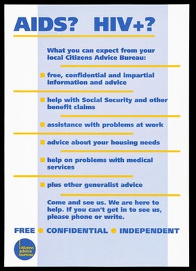 Information sheet on AIDS/HIV from the Citizens Advice Bureau. Colour lithograph.