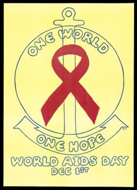 An anchor with a red ribbon wrapped around it; representing hope on World Aids Day, 1 December. Colour lithograph after BW, 19--.