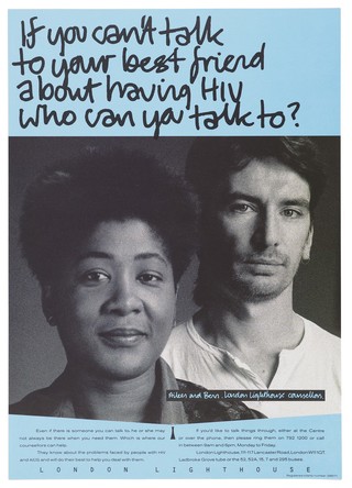 Aileen and Benn, counsellors for people with HIV and AIDS at the London Lighthouse. Colour lithograph.