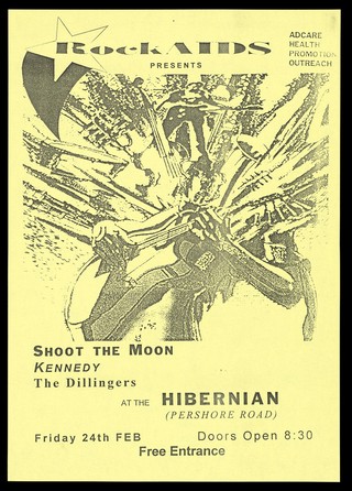 A guitarist advertising a music event organised by RockAIDS in Birmingham. Photocopy.
