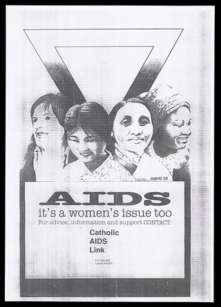 Four women of different cultures appear before an upside down triangle to advertise the support group for Catholic women with AIDS. Photocopy after David, 1988.