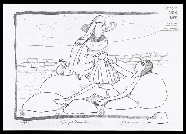 A sick man lying on rocks is tended by a man wearing a hat and cloak bearing the letters HSR; entitled The good Samaritan. Photocopy of a lithograph by Geo Uno (?).