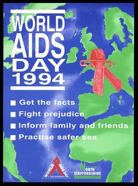 Map of the world incorporating a red ribbon with a safety pin attached as an advertisement for World Aids Day 1994. Colour lithograph, 1994.