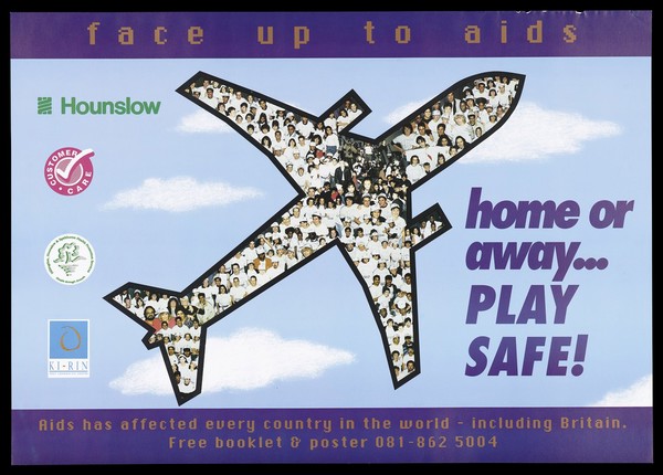 An aeroplane in the sky inside which are people wearing white t-shirts bearing the slogan 'play safe' as a reminder to protect against AIDS. Colour lithograph.