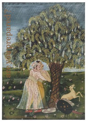 An embracing Asian gay couple sheltering from the rain beneath a tree against which stands a discarded sword and a deer; advertisement for The Naz Project to support Asian communities with AIDS/HIV. Colour lithograph.