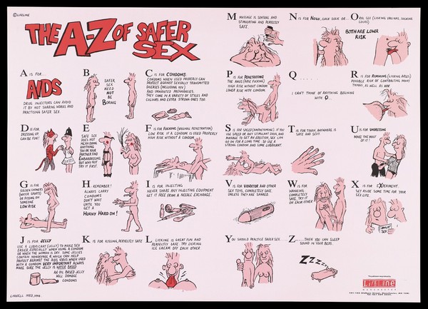 Couples representing an A to Z of safer sex. Colour lithograph 1994.