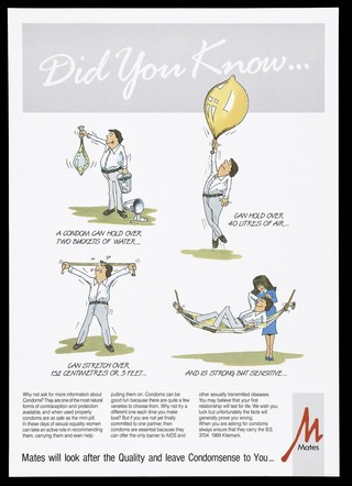 A man testing the strength of a Mates condom. Colour lithograph.