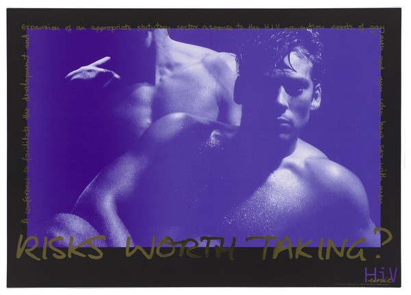 Two naked male bodies representing a poster for a conference on HIV. Colour lithograph.