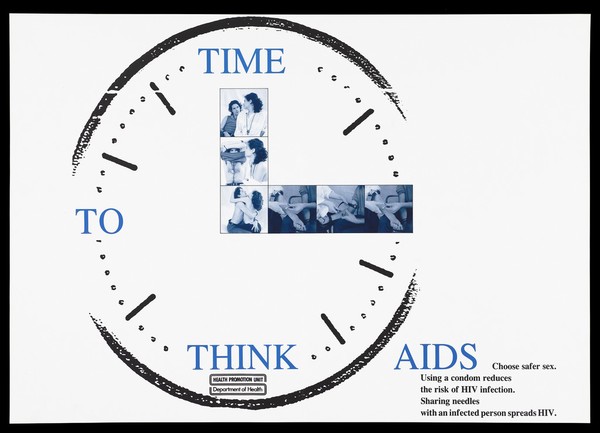 A clock in which the hands incorporate a sequence of six photographs of a couple making love then sharing a needle to inject themselves; advertisement for safe sex by the Department of Health. Colour lithograph.